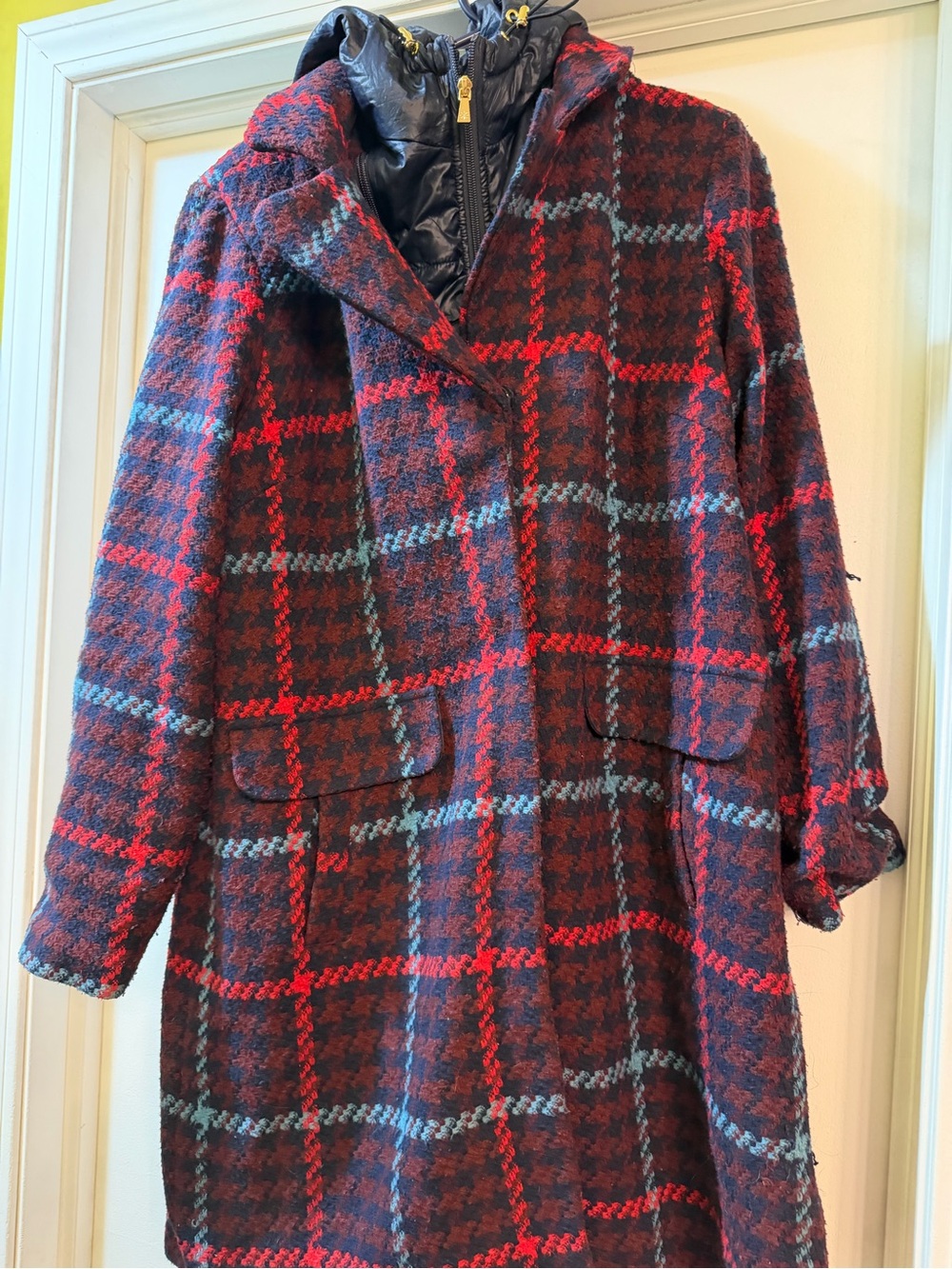 Isaac Mizrahi Red and Navy Plaid Trench Coat